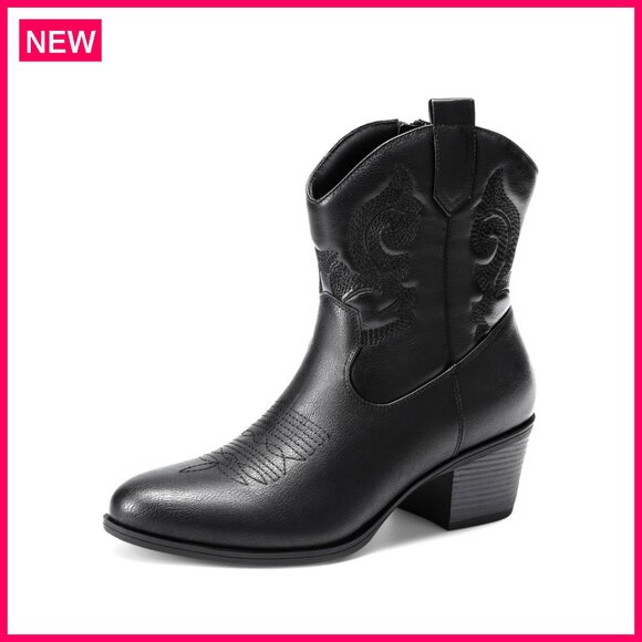Western Embroidered Ankle Boots Low Chunky Heel Round Toe Fashion Booties
